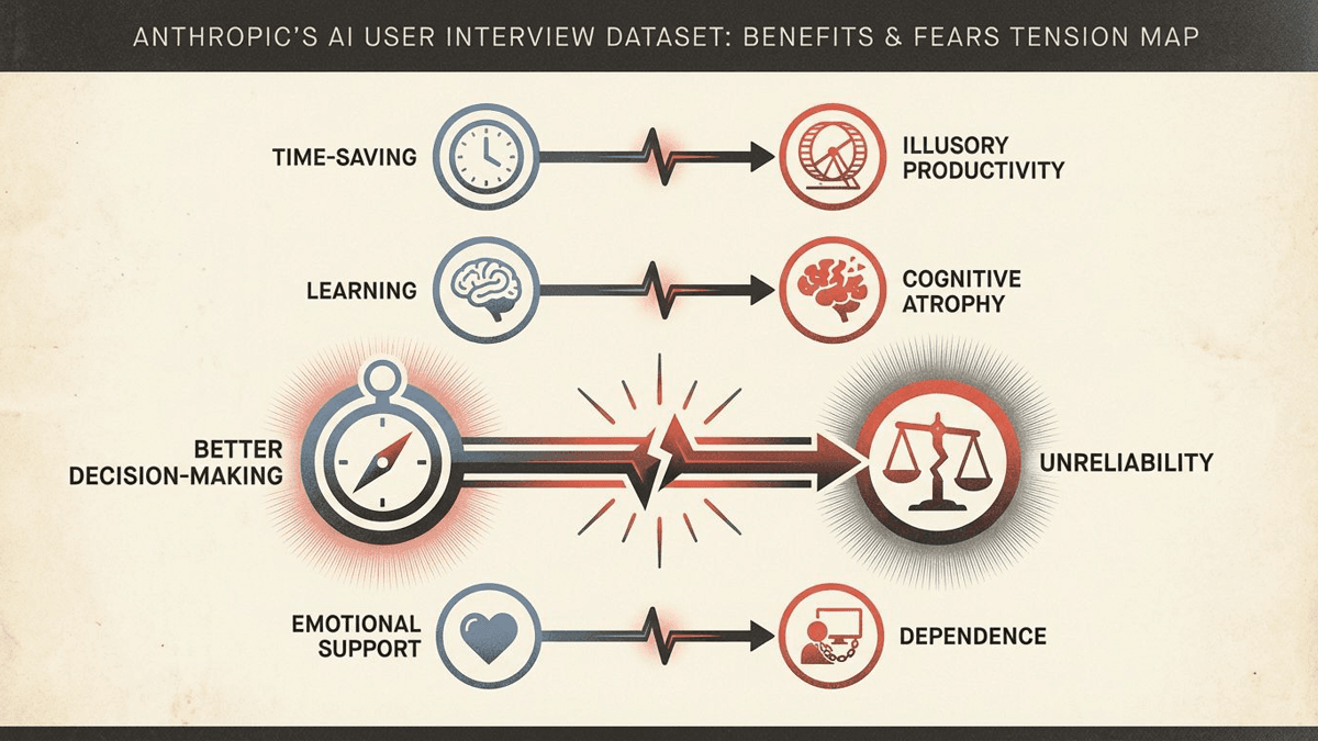 Editorial chart pairing AI benefits such as time-saving, learning, and better decisions with related worries like illusory productivity, cognitive atrophy, and unreliability.
