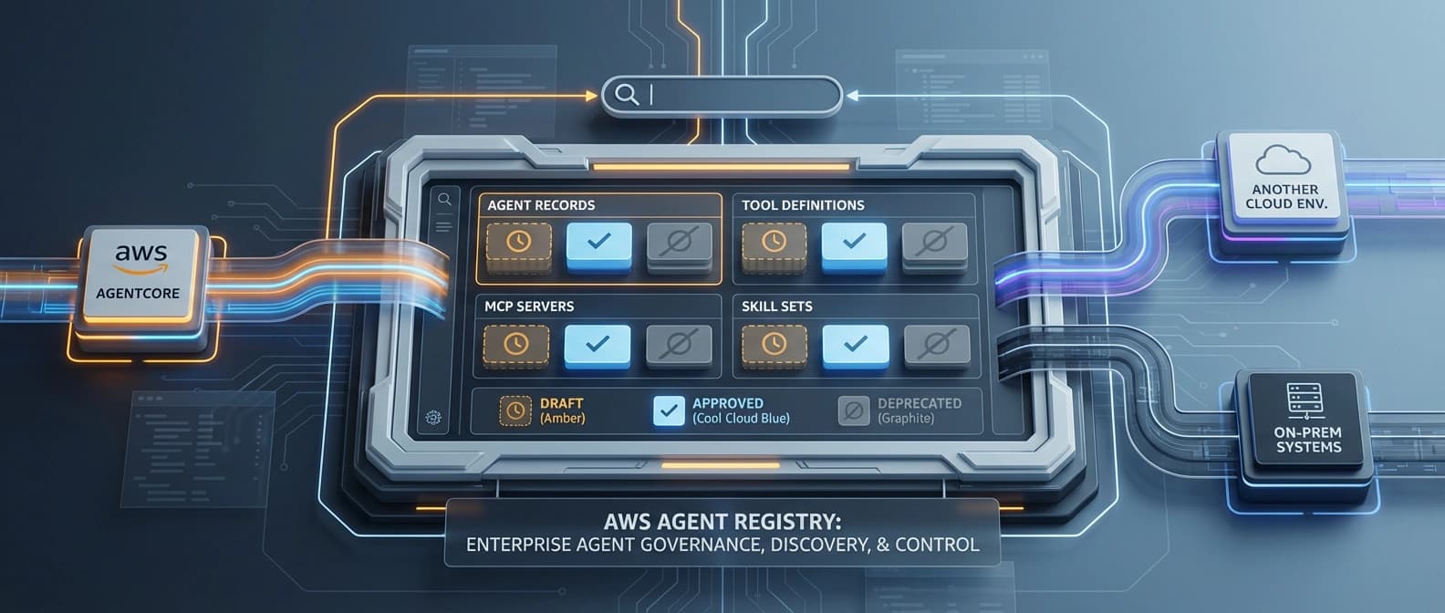 Editorial illustration of an enterprise agent registry control layer showing governed records for agents, tools, and MCP servers flowing across AWS, other clouds, and on-prem systems.