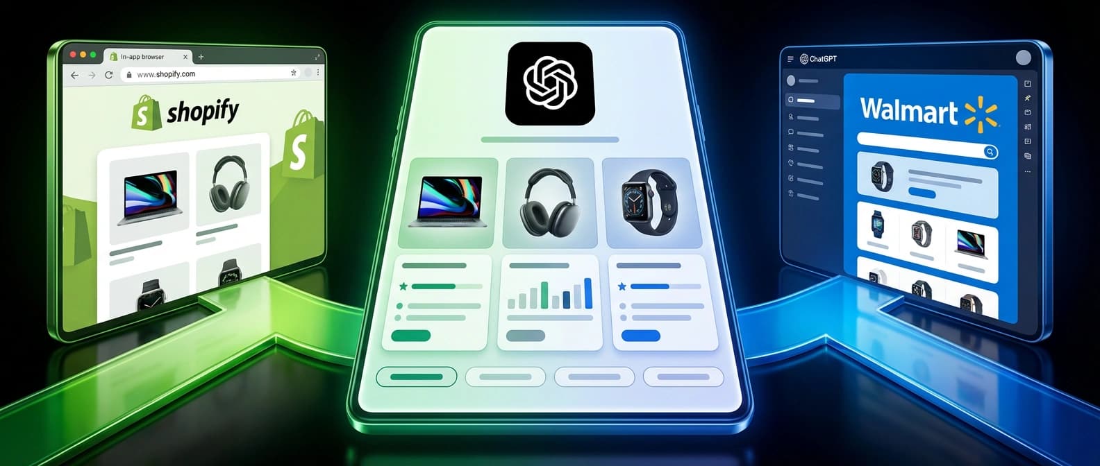 An editorial illustration of ChatGPT shopping as a comparison layer handing shoppers from product cards into retailer-owned checkout environments shaped by Walmart and Shopify paths.