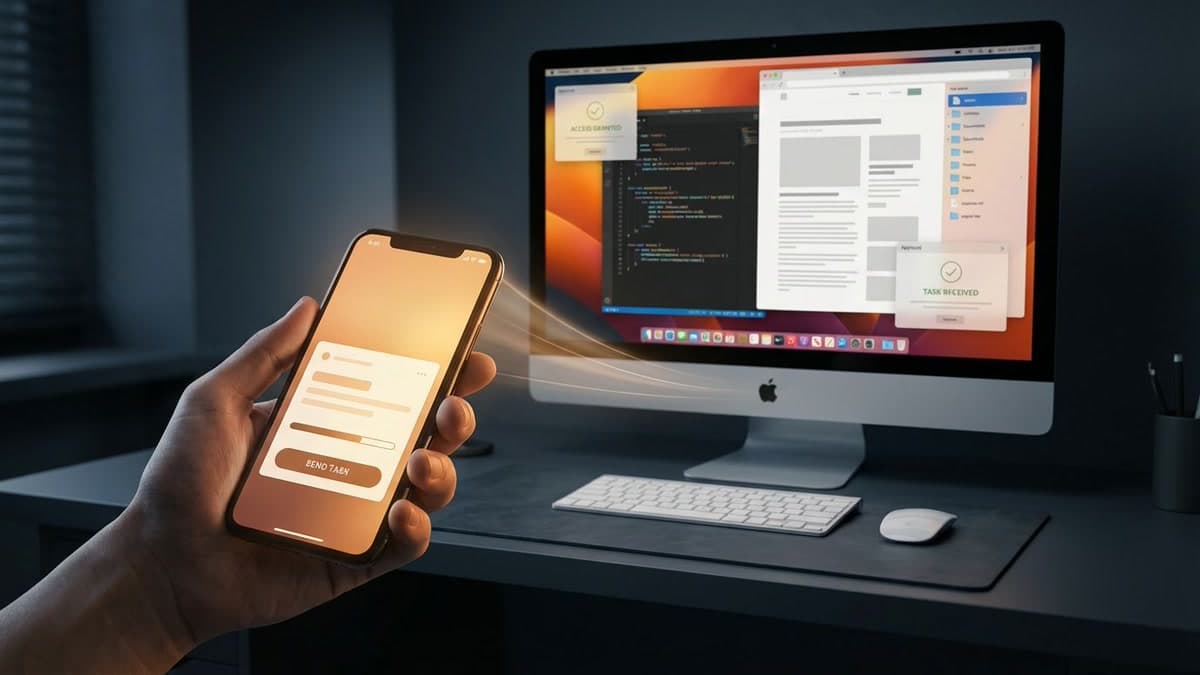 Editorial illustration of a phone handing a task into a live Claude Code desktop session that can request permission to use real apps on a Mac.