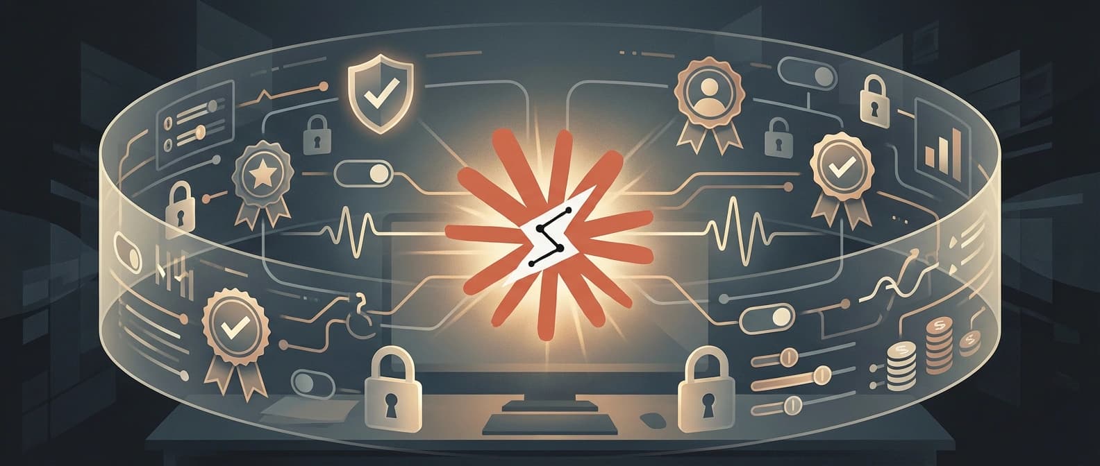 Editorial illustration of an enterprise Claude Cowork rollout dashboard layered over a desktop agent workspace, with team permissions, spend controls, and workflow telemetry visible as the main visual idea.