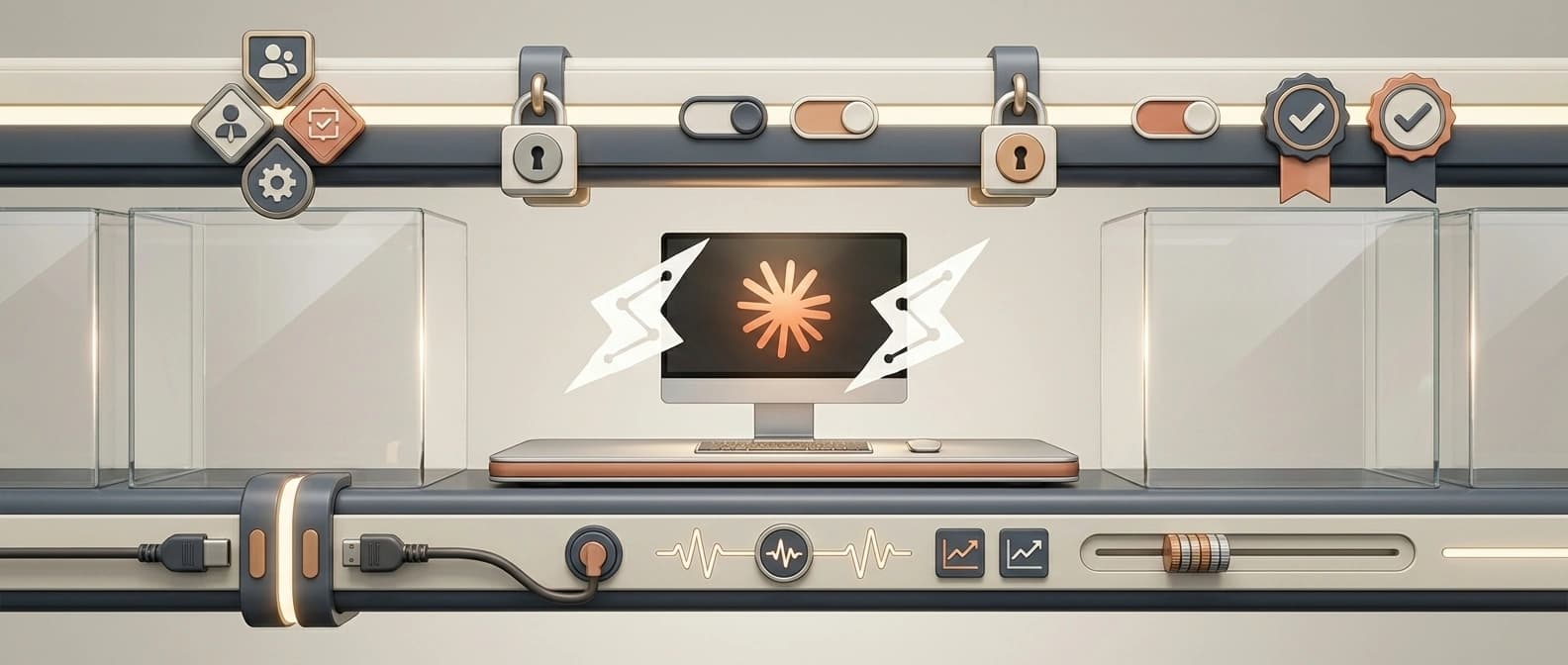 Editorial figure showing Claude Cowork's enterprise rollout controls, including team permissions, spend limits, analytics, telemetry, and connector restrictions around a desktop agent workspace.