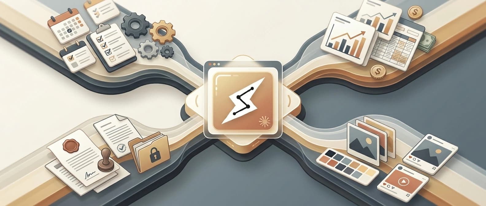 Editorial figure showing Claude Cowork moving across operations, finance, legal, and marketing workflows instead of sitting inside a developer-only environment.