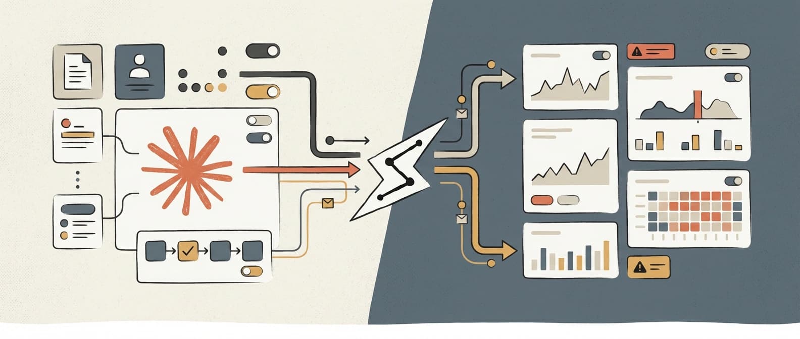 Editorial figure showing Cowork approvals, tool calls, file actions, and connector events feeding into an enterprise monitoring loop.