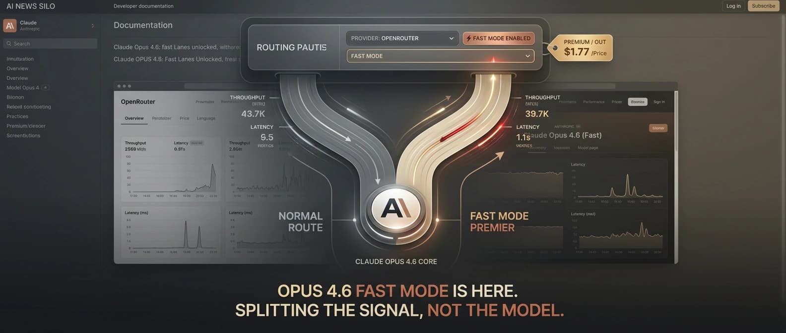Editorial illustration of one Claude Opus 4.6 system splitting into a normal route and a premium fast route inside an OpenRouter-style traffic control surface for developers.
