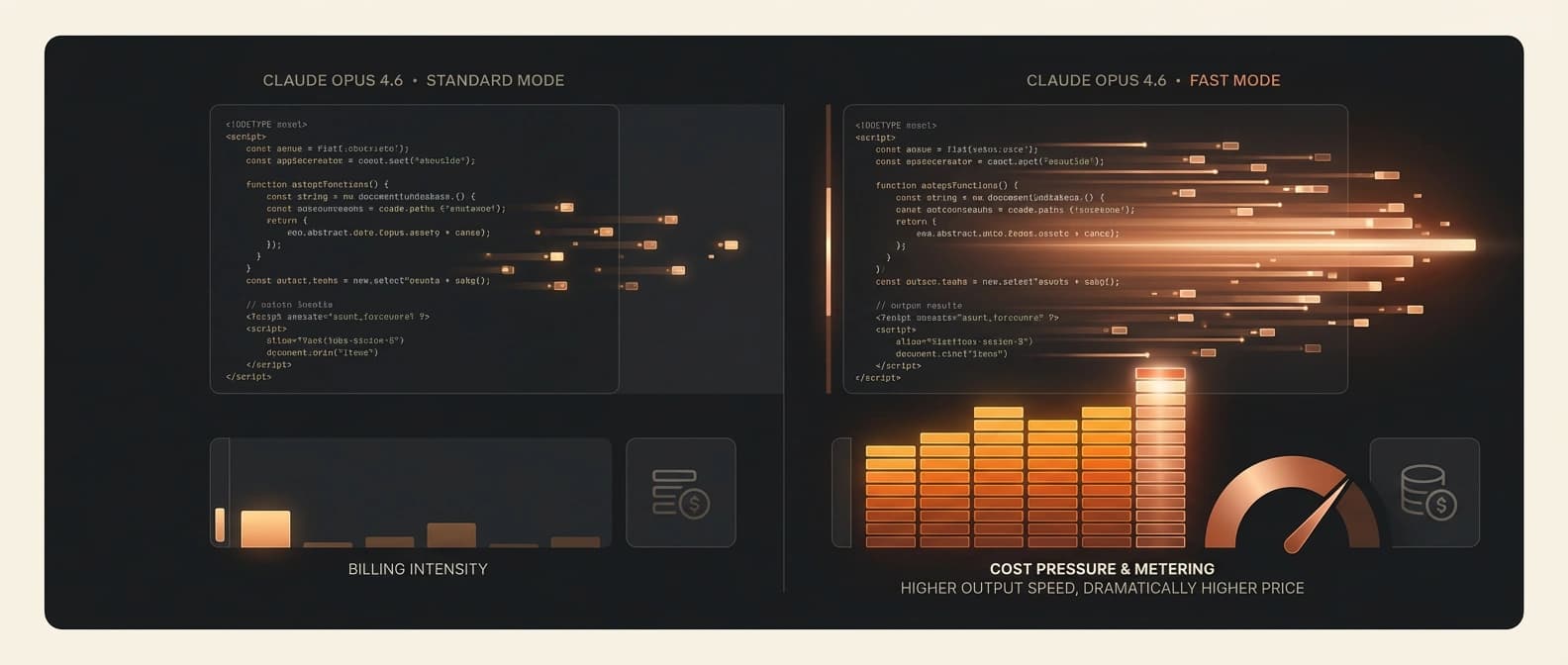Editorial illustration contrasting a calmer standard Claude Opus 4.6 lane with a faster but much more expensive premium fast lane.