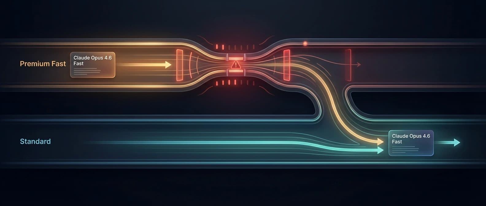 Editorial control-surface diagram showing a fast Claude request hitting capacity pressure and rerouting back into the standard Opus lane.