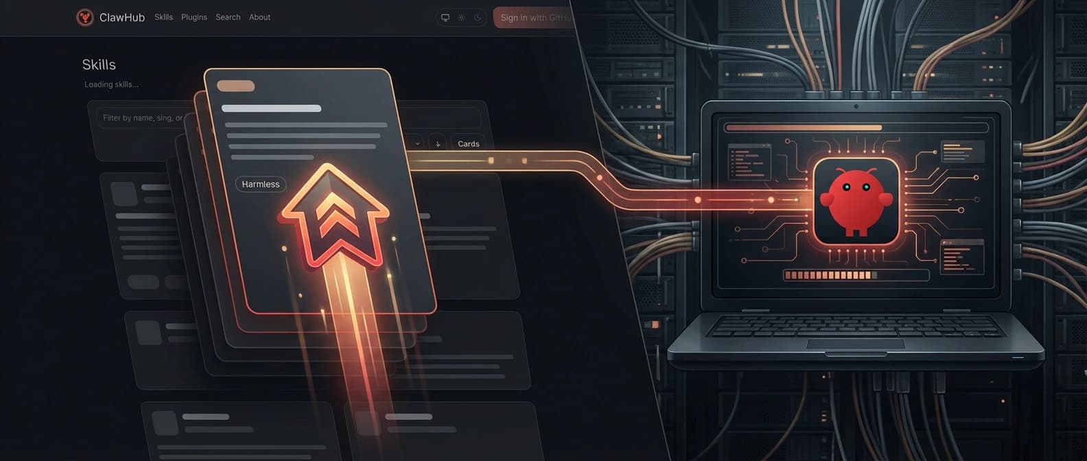 An editorial illustration showing a ClawHub-style search ranking where one skill is artificially boosted by fake downloads, leading an OpenClaw install path toward execution on a workstation.