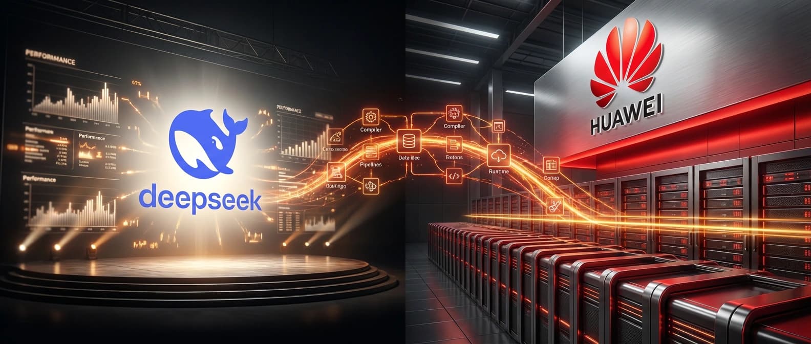 Editorial illustration of a flagship AI model pipeline moving from benchmark cards into a domestic accelerator stack with visible software layers, cluster hardware, and deployment rails.