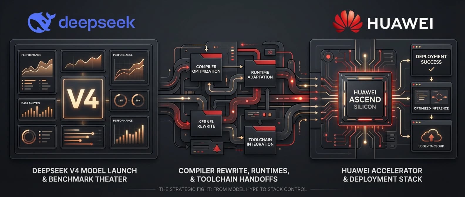Diagram showing a model stack shifting from benchmark-focused launch hype into a domestic compute pipeline with hardware, compiler, runtime, and deployment layers.