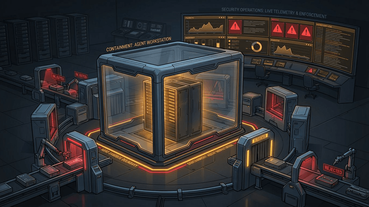 An editorial illustration of an always-on AI agent console surrounded by a sandbox boundary, security scanners, and live telemetry panels.