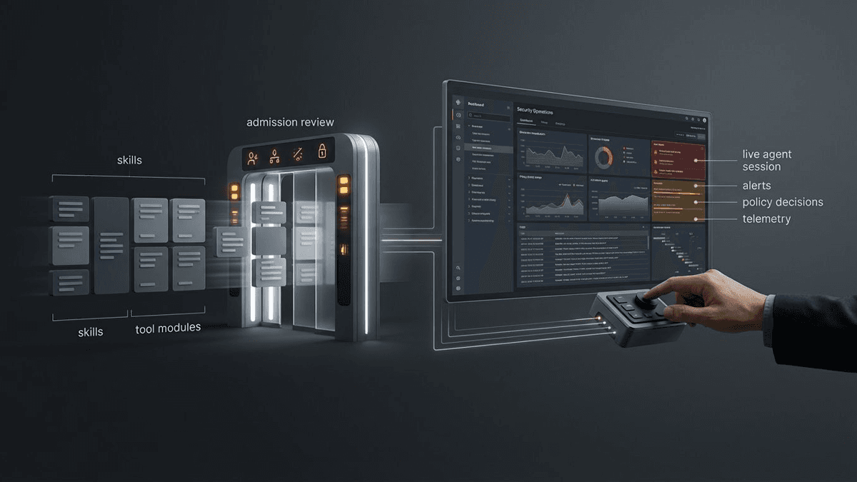An operator dashboard view showing skills and MCP tools being scanned before admission while alerts stream from a running AI agent.
