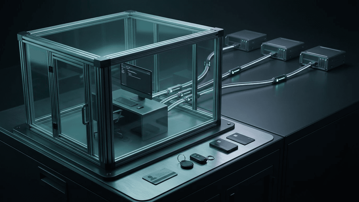 A layered editorial illustration showing an autonomous AI agent inside a sandbox, with policy controls around it and host systems outside the boundary.
