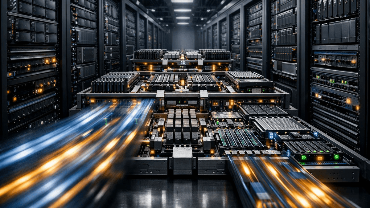 Editorial illustration of a Blackwell server aisle where wide tensor-compute lanes narrow into shared-memory and softmax bottlenecks before a tuned attention pipeline opens the flow again.