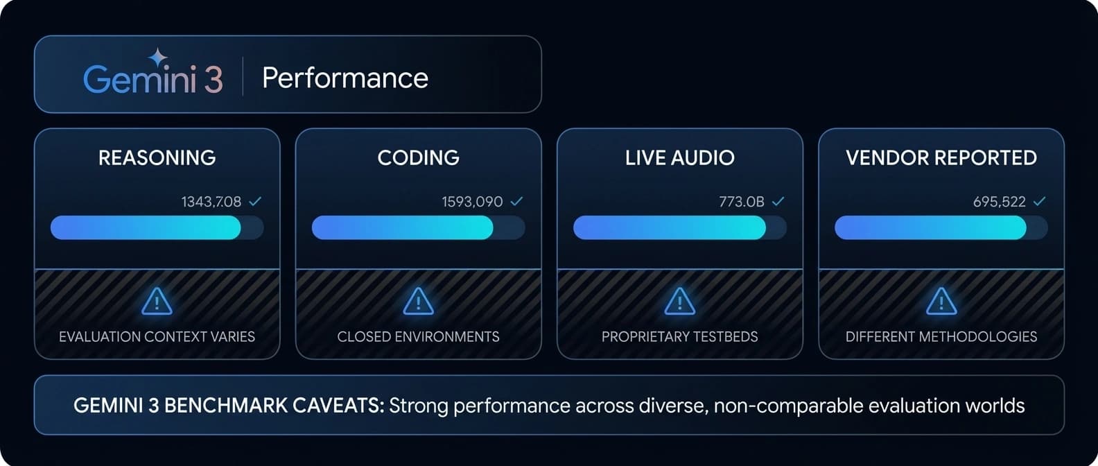 Editorial diagram showing Gemini 3 benchmark claims broken into reasoning, coding, live audio, and mixed vendor-reported test buckets with caution markers around apples-to-apples comparisons.