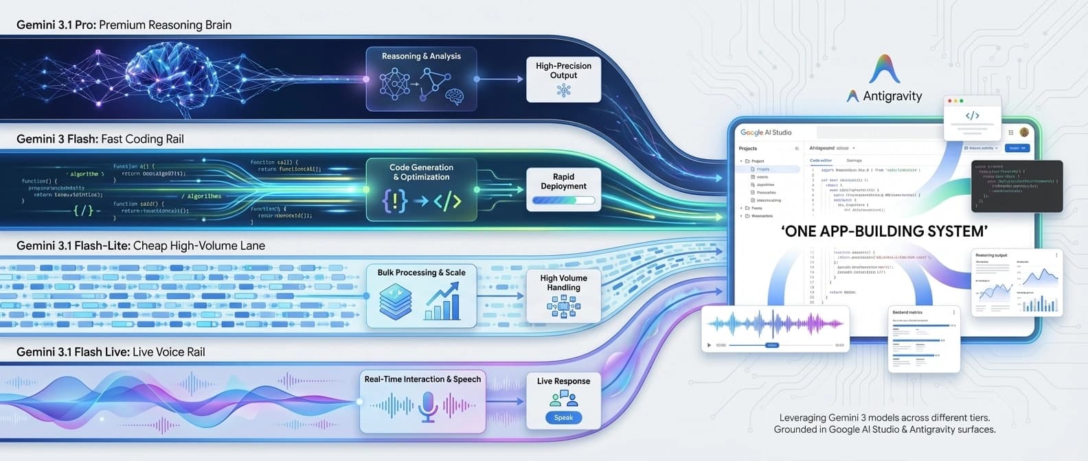 Editorial illustration showing Gemini 3.1 Pro, Flash, Flash-Lite, and Flash Live split into premium reasoning, fast coding, cheap scale, and live voice lanes before converging into Antigravity and AI Studio as one app-building workflow.