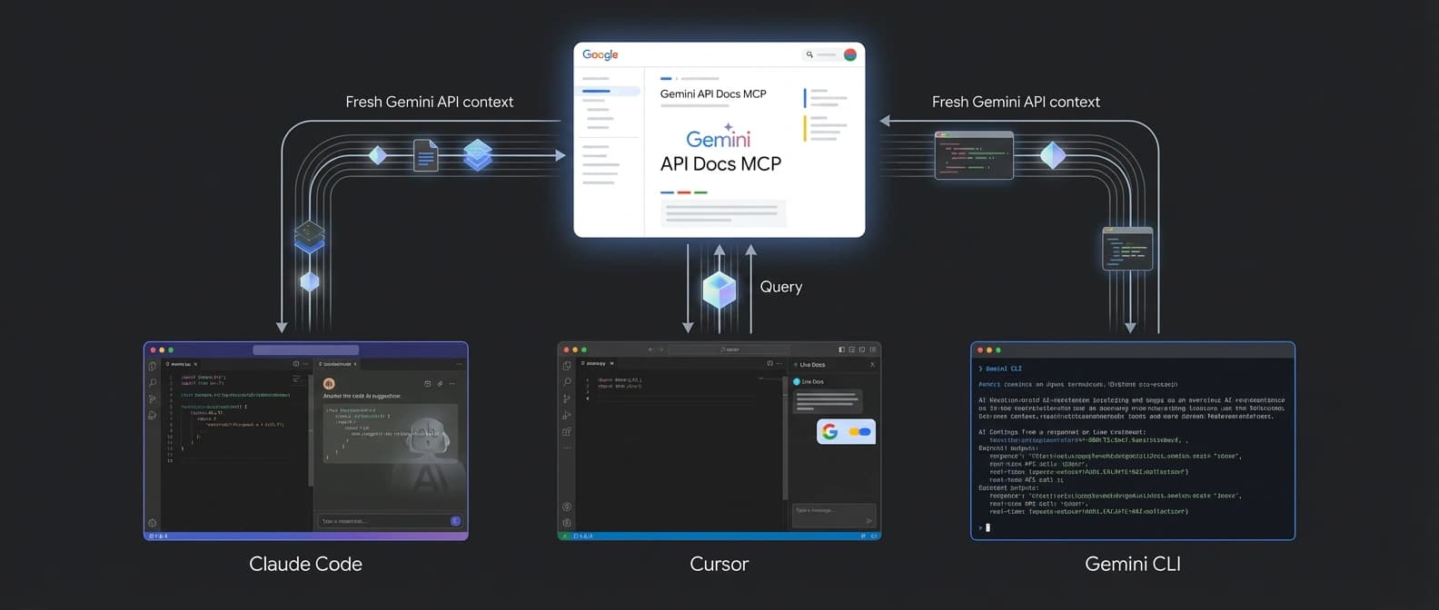 Editorial illustration of one Gemini documentation control layer feeding live API context into Claude Code, Cursor, and Gemini CLI across connected coding surfaces.