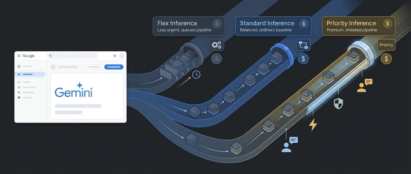 Editorial diagram of one Gemini API control surface splitting agent requests into a broad Flex lane for background work, a standard lane, and a narrower Priority lane for live user-facing traffic.
