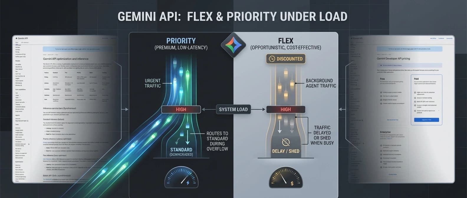 Editorial diagram showing Priority traffic flowing through a protected low-latency lane, overflow downgrading to Standard, and Flex traffic running in a cheaper background lane that can be shed during spikes.