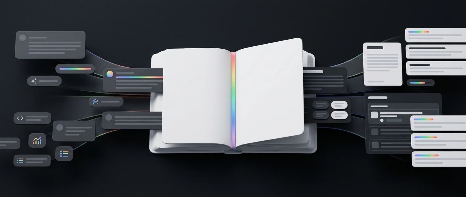 Editorial figure showing one shared notebook bridging Gemini style chat cards on one side and NotebookLM style research panels on the other.