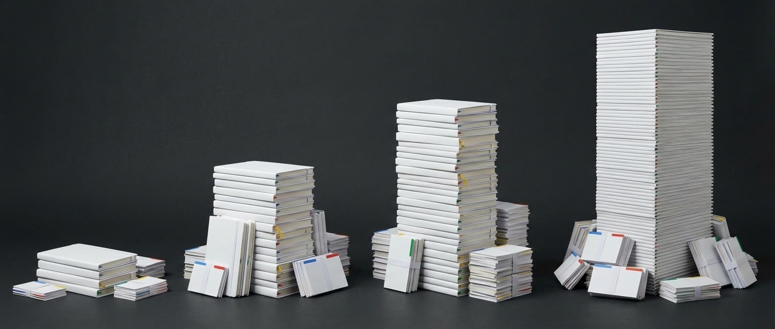 Editorial explainer figure showing four increasingly large notebook stacks and source bundles to represent Gemini notebook capacity expanding across subscription tiers.