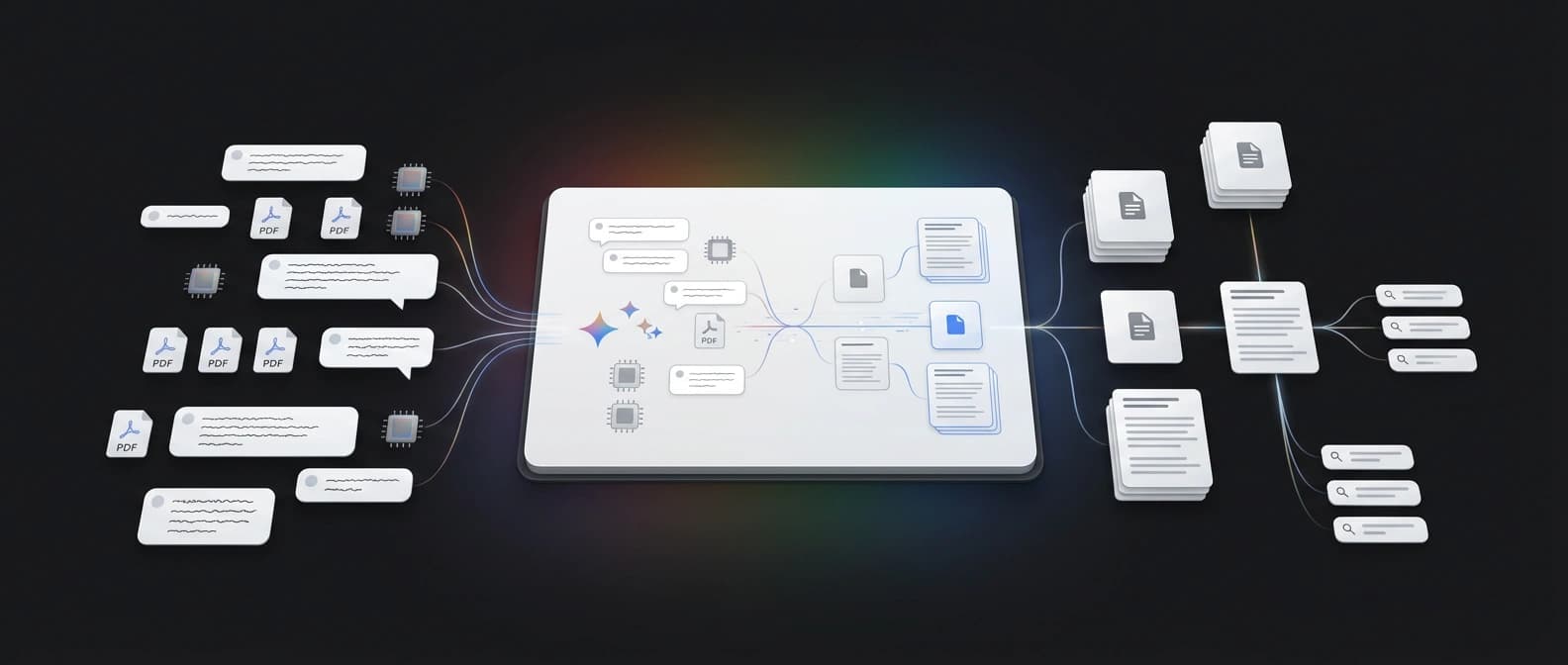 Editorial illustration of a shared Gemini notebook workspace syncing chat threads, source cards, and uploaded files with a NotebookLM research panel.