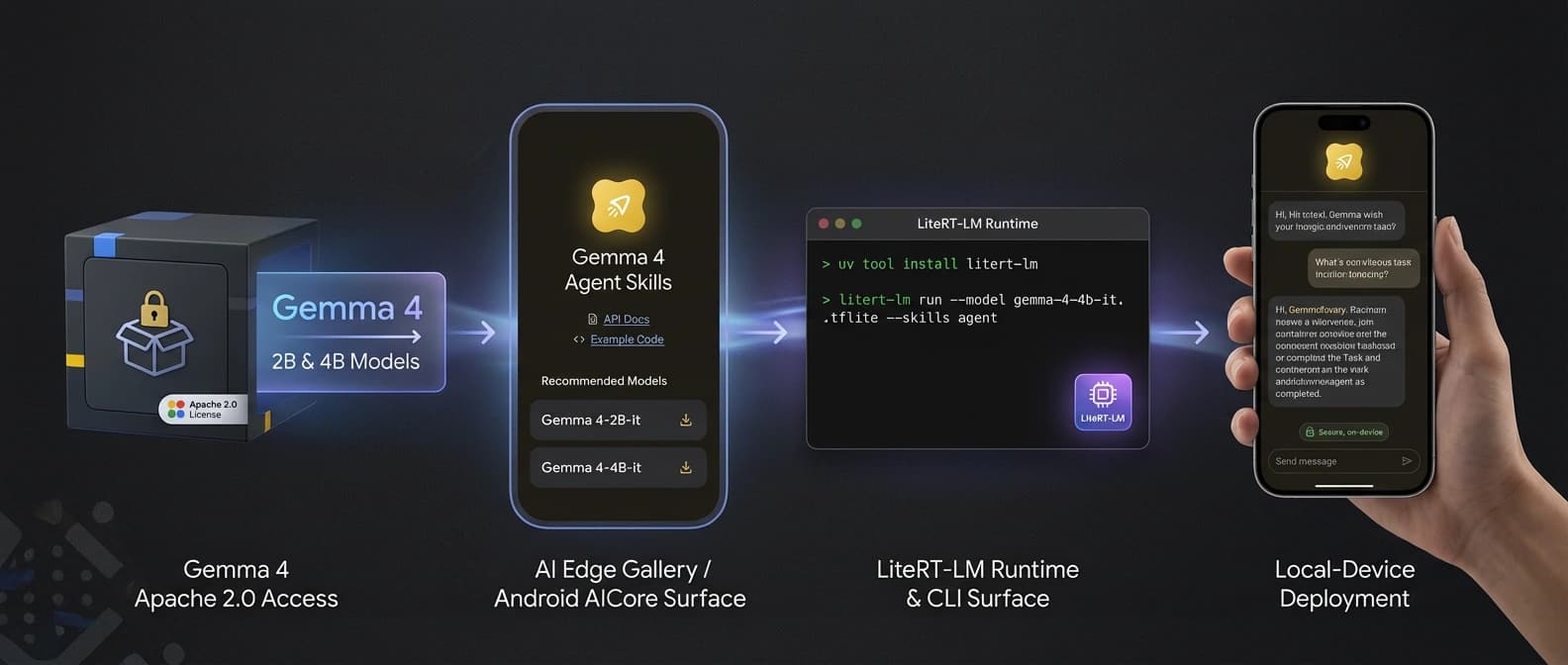 Editorial diagram-style illustration showing Gemma 4's Apache 2.0 model access flowing into AI Edge Gallery, Android AICore, LiteRT-LM, and local devices for on-device agent deployment.