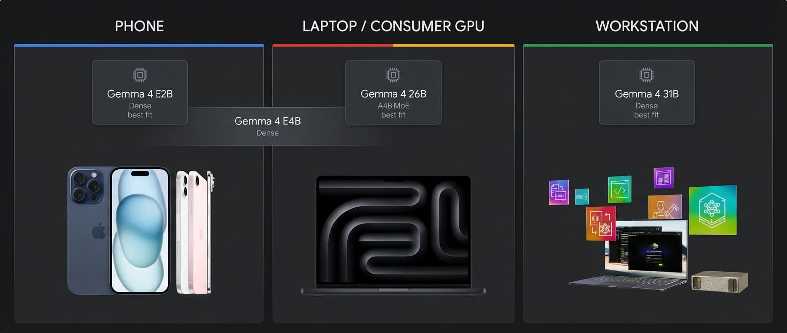 Editorial hardware-fit matrix showing Gemma 4 model choices from phone to laptop and workstation, mapping E2B, E4B, 26B A4B, and 31B to their strongest hardware classes.