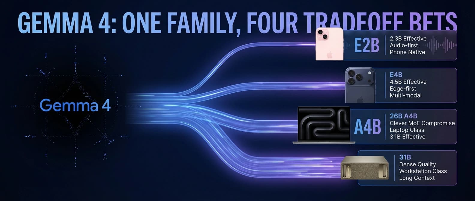 Editorial illustration of Gemma 4 as one family splitting into four model choices, mapping edge, MoE, and dense tradeoffs onto phone, laptop, and workstation hardware.