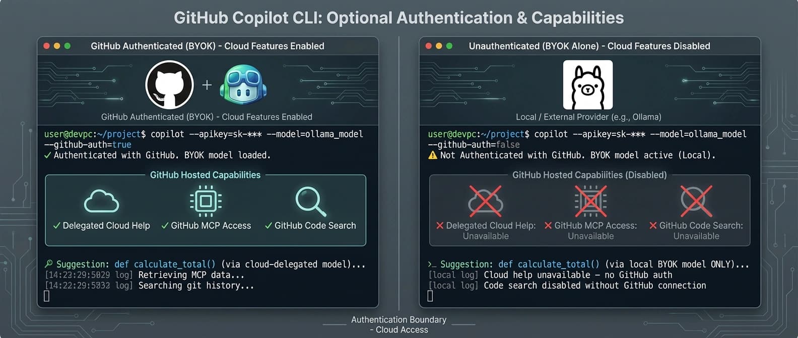 Editorial illustration contrasting Copilot CLI with GitHub authentication enabled versus unauthenticated BYOK use, highlighting which GitHub-hosted features disappear.