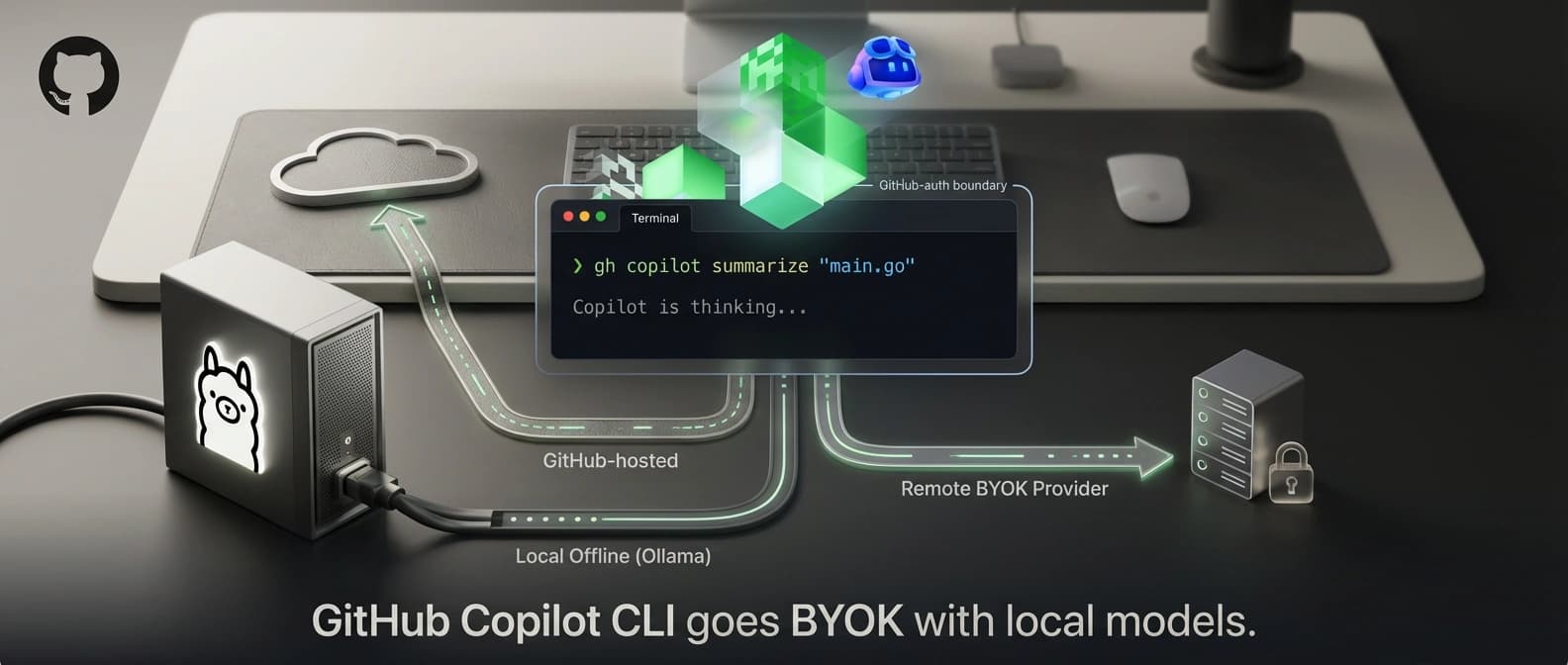 Editorial illustration of GitHub Copilot CLI staying centered while the same terminal shell routes across GitHub-hosted, bring-your-own-provider, and fully local model lanes.