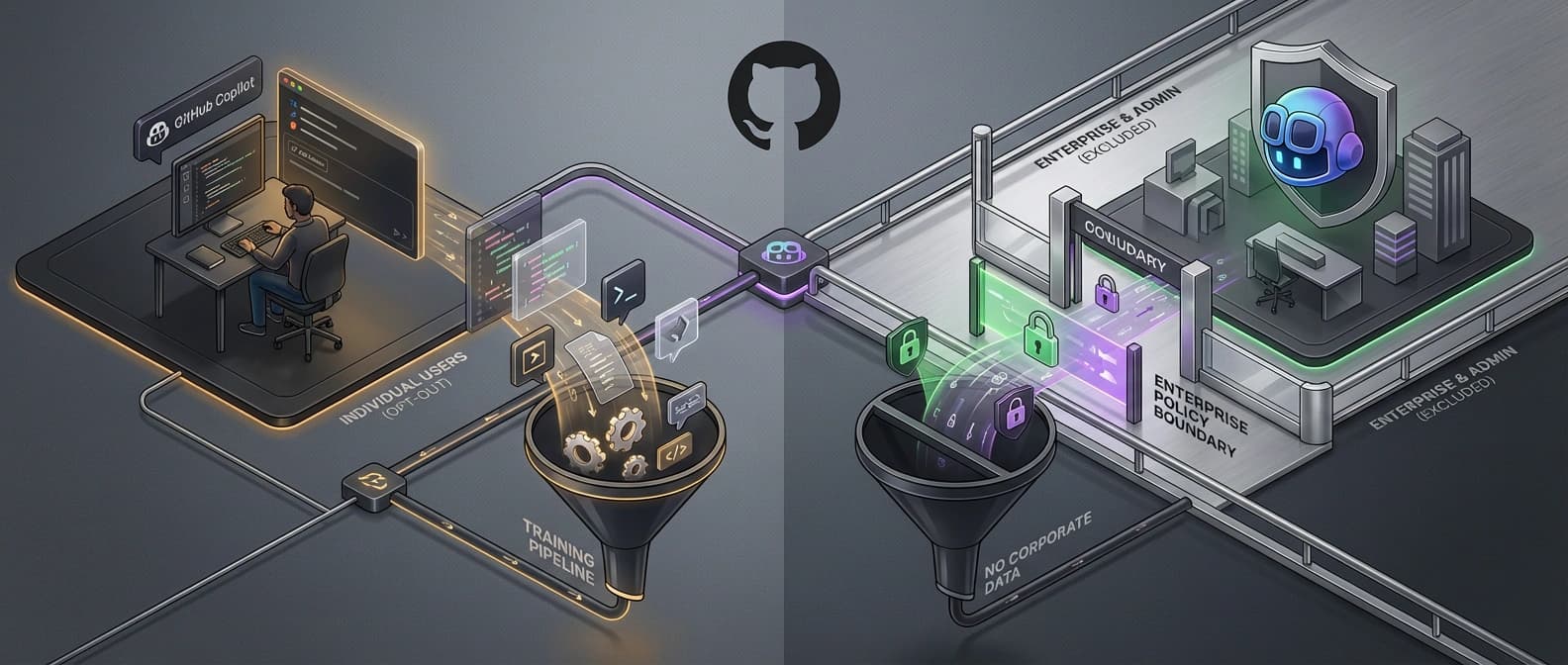 Editorial illustration of a solo developer's Copilot session routing prompts, suggestions, and code context toward model training while a separate enterprise lane stays blocked by contract and policy rails.