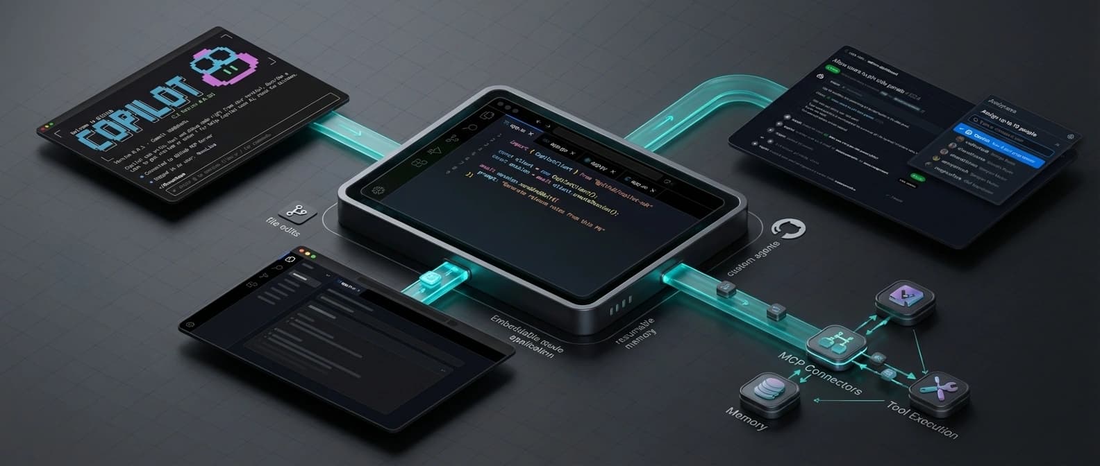 Editorial illustration of a GitHub-style app workspace feeding requests into a Copilot runtime layer while custom agents, tool permissions, MCP servers, and session memory branch out behind it.