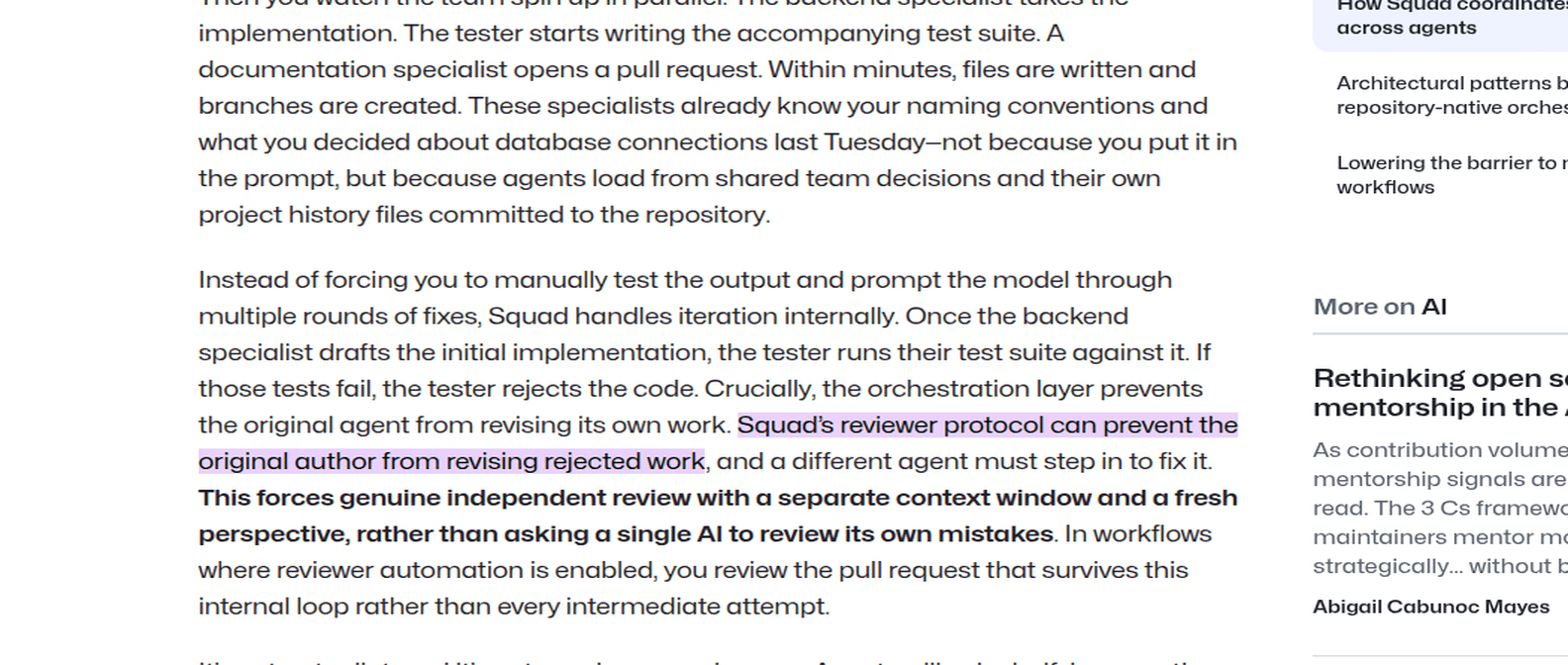 Screenshot of the GitHub Blog Squad article highlighting the sentence that the reviewer protocol can stop the original author from revising rejected work.