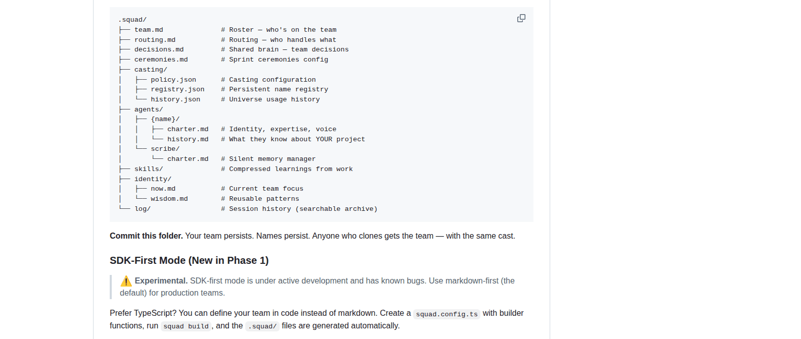Screenshot of the Squad GitHub README showing the committed `.squad/` tree with `team.md`, `routing.md`, `decisions.md`, agent folders, identity notes, and logs.