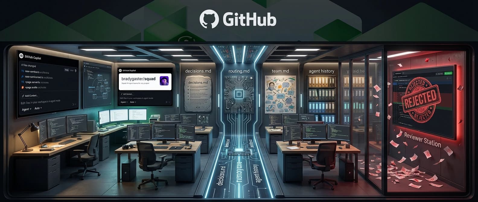 An editorial illustration of a software repository turned into a small team room, with shared decision notes, specialist agent desks, and a separate reviewer lane visible inside the same git-backed workspace.