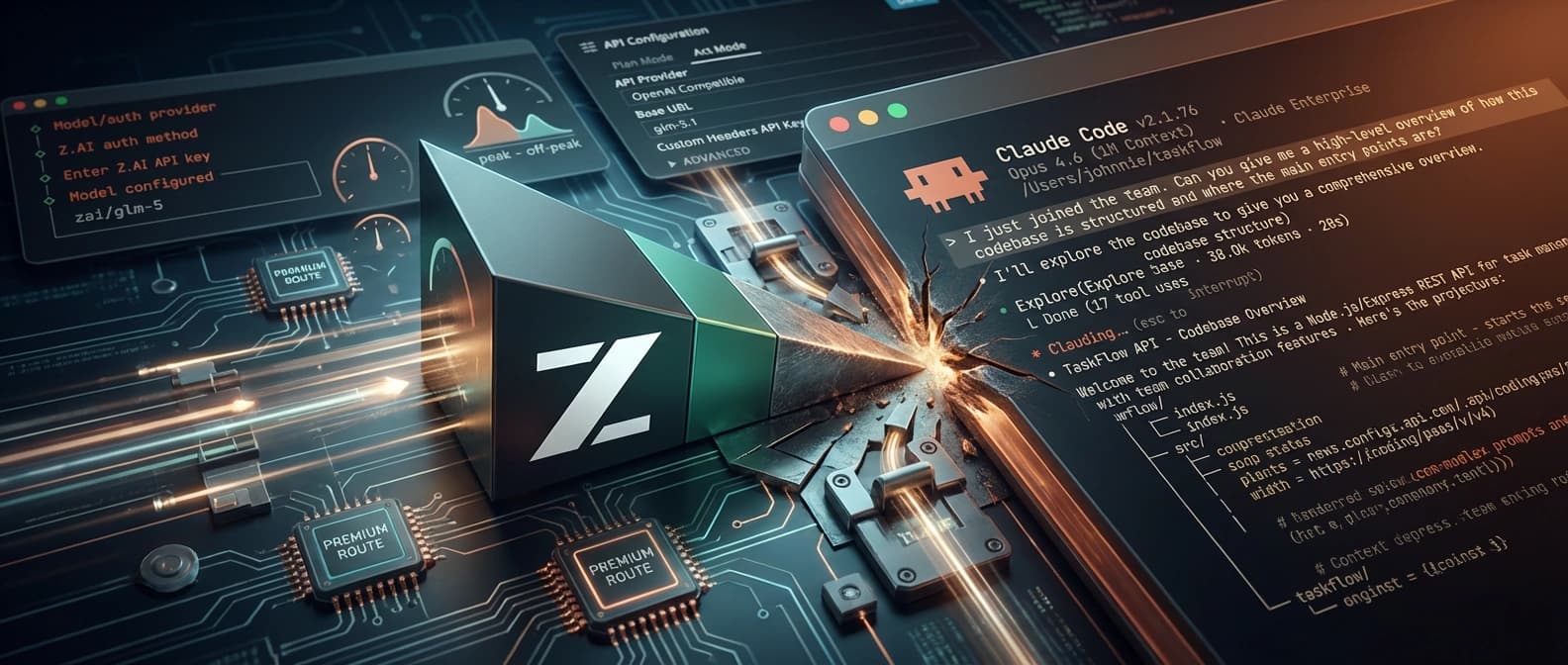 Editorial illustration of a z.ai wedge cutting into Claude Code territory and routing through OpenClaw and Cline-style configuration surfaces, with quota clocks and manual switch points made visibly part of the path.