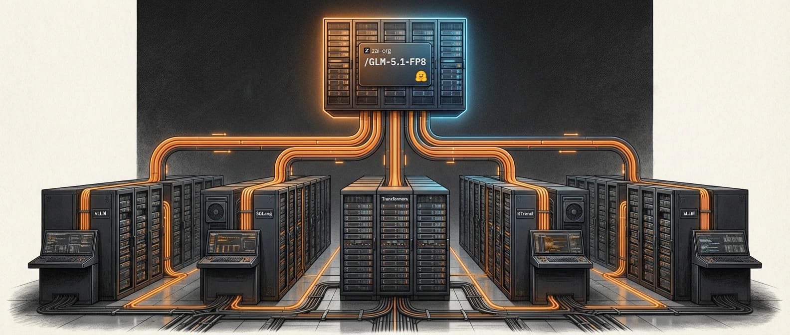 Editorial deployment diagram showing GLM-5.1 routing from Hugging Face into vLLM, SGLang, Transformers, KTransformers, and xLLM-flavored infrastructure, with the scale kept visibly enterprise-grade.