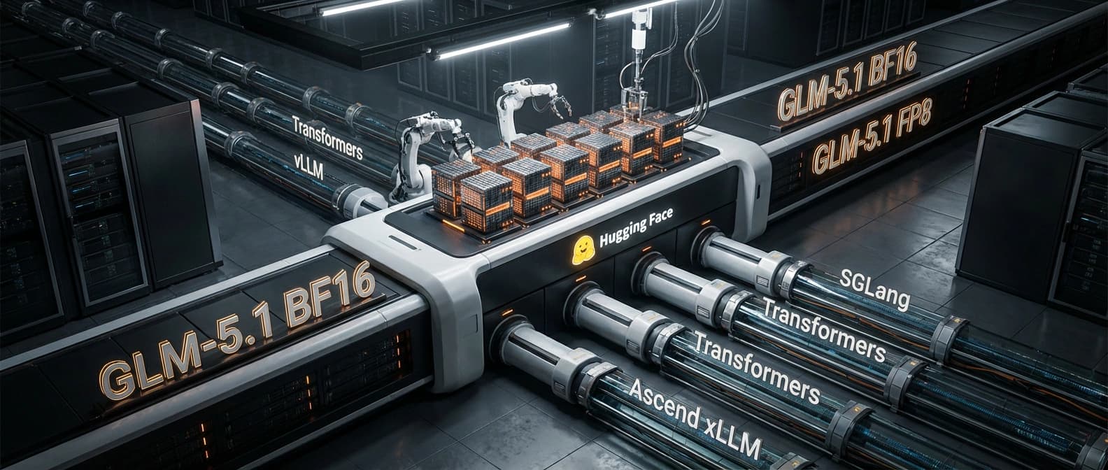 Editorial illustration of GLM-5.1 moving from a public Hugging Face release shelf into multiple serving lanes and audit lighting, with BF16 and FP8 checkpoint crates feeding heavyweight infrastructure.