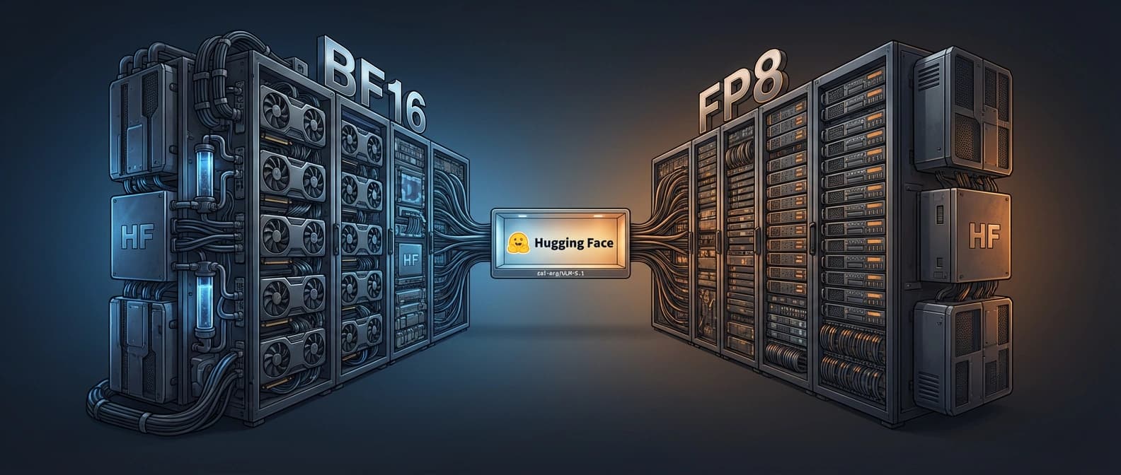 Editorial illustration of GLM-5.1 splitting on Hugging Face into BF16 and FP8 checkpoint lanes, with the FP8 path looking more practical but still visibly tied to heavyweight infrastructure.