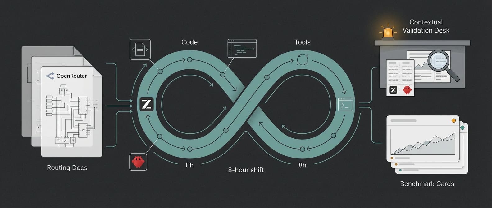 Editorial diagram of GLM-5.1 pitched as a full-shift coding loop, with benchmark cards and routing docs orbiting a central endurance workflow.