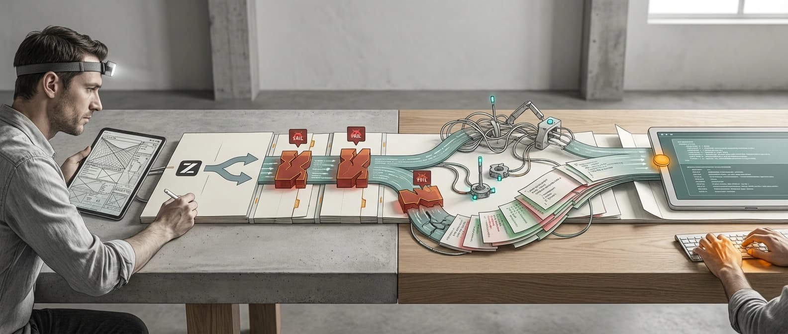 Editorial diagram of a developer stress-testing a long-running AI coding task through failing tests, retries, scoped diffs, and a final human takeover checkpoint.