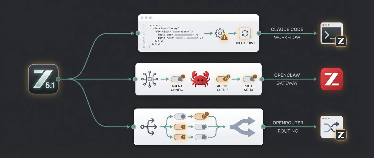 Editorial diagram showing GLM-5.1 branching into Claude Code, OpenClaw, and OpenRouter-style workflow lanes with visible setup and routing checkpoints.