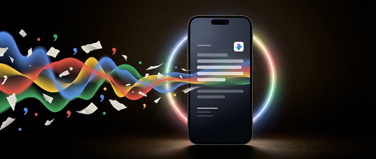 Editorial illustration of Google AI Edge Eloquent turning messy spoken notes into polished text locally on an iPhone, emphasizing privacy, speed, and on-device processing over cloud routing.