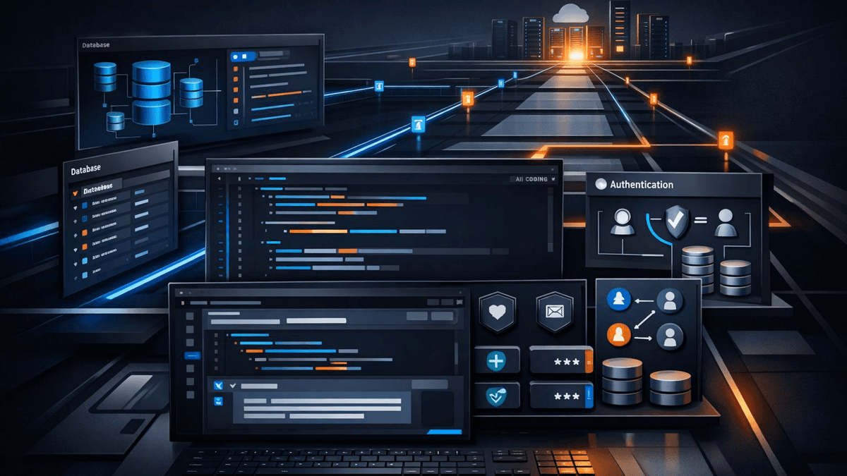 Editorial illustration of layered code panels, database rails, and authentication states converging into a single app-building control surface.