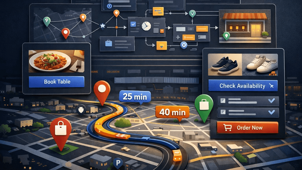 Editorial illustration of a location-aware agent flow combining map pins, commute context, and a business action layer.