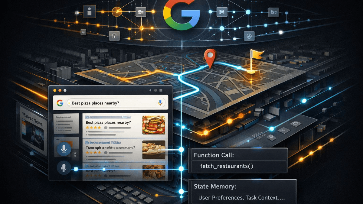 Editorial illustration of a hosted agent control surface linking search, maps, custom functions, and server-side state into one managed workflow.