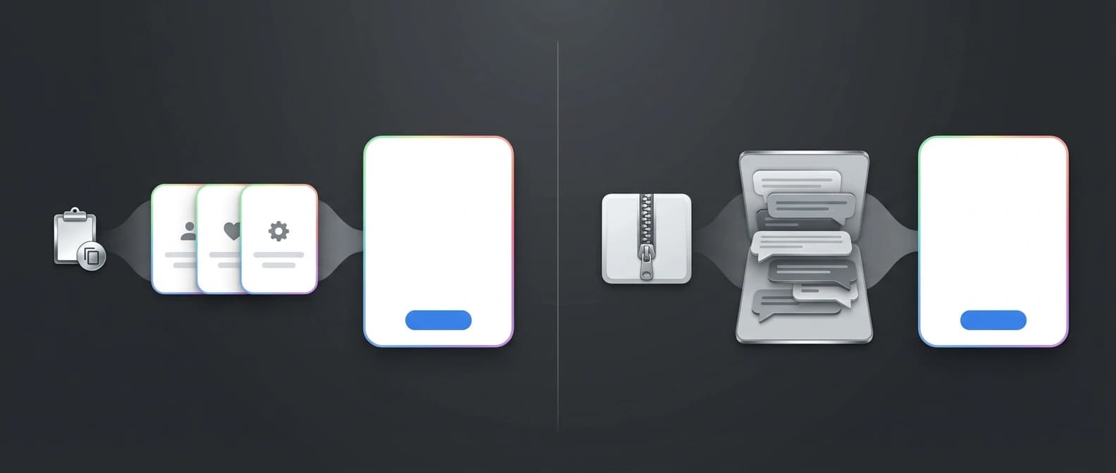 Editorial explainer figure showing Gemini's two import routes: a pasted memory summary and an uploaded chat-history archive.