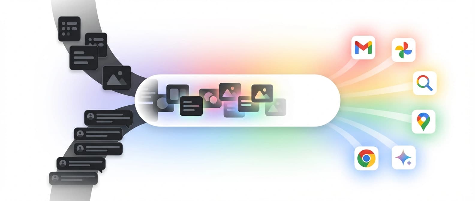 Editorial figure showing imported AI memories and old chat threads entering Gemini alongside Gmail, Photos, Search, Maps, Chrome, and past Gemini chat signals.