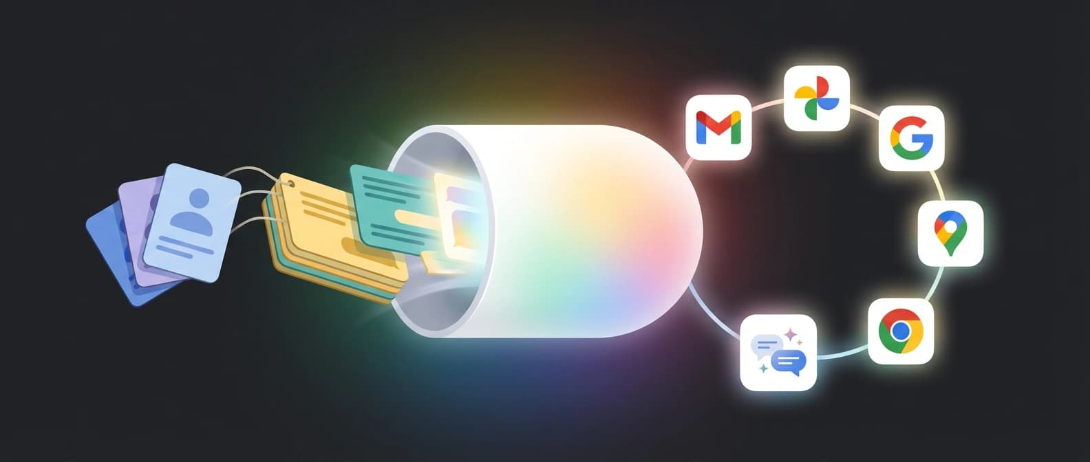 Editorial illustration of imported memory cards and archived chat threads being pulled into a central Gemini context capsule that radiates into Gmail, Photos, Search, Maps, Chrome, and future Gemini signals.